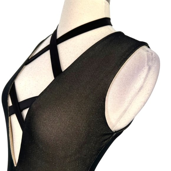 Cefian Metallic Mesh Bodycon Strappy Dress Black Gold Size Large NWT - Picture 7 of 9